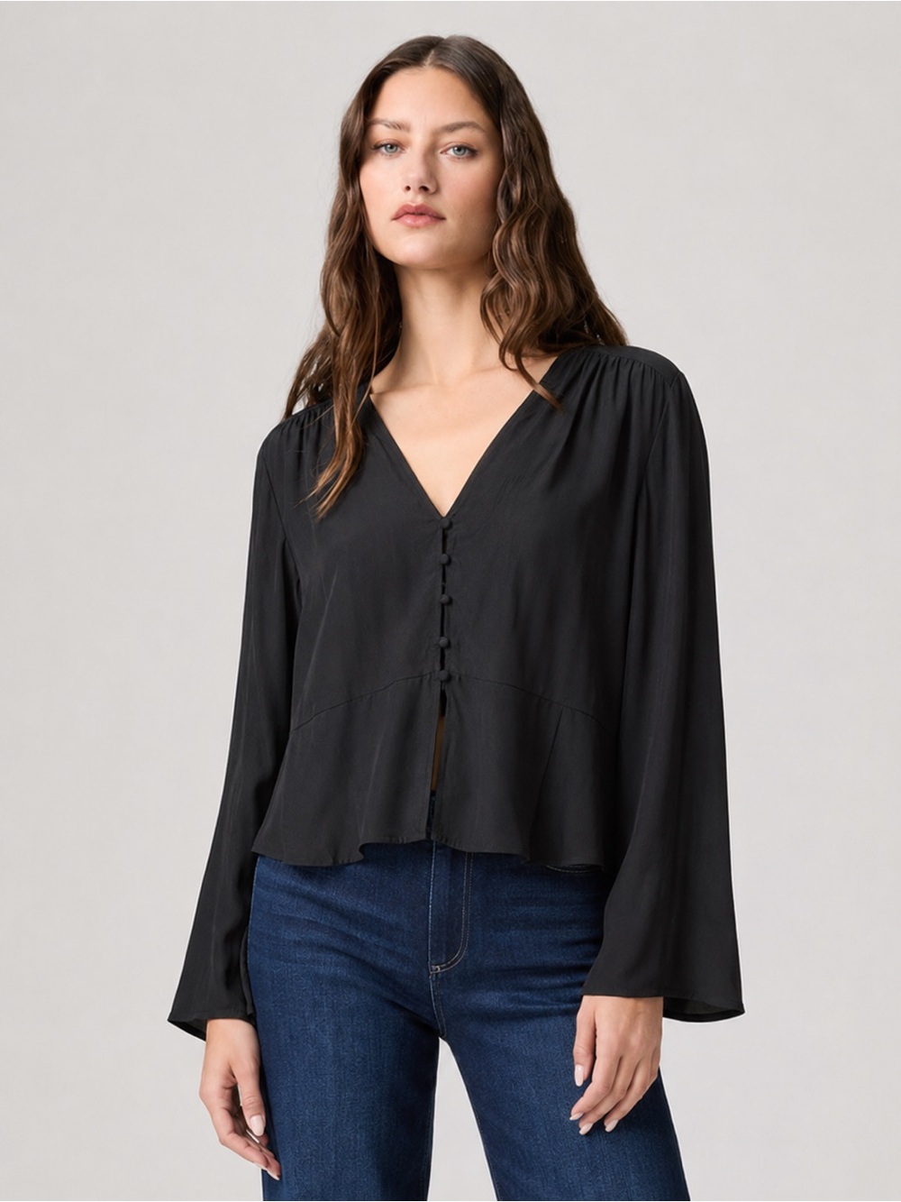 A New Day Black V-Neck Button-Down Longsleeve Satin Peplum Blouse Puff Sleeves